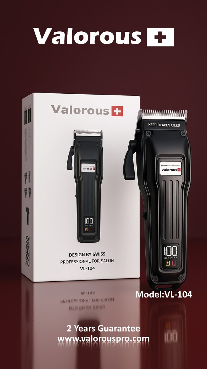 ماشین اصلاح والوروس حرفه ای موتور پرقدرت ، تیغه  تیتانیوم، باطری لیتیوم(LCD)  valorous model VL 104